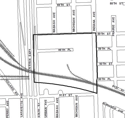 89th/State TIF district, terminated in 2013, roughly bounded on the north by 89th Street, 91st Street on the south, Indiana Avenue on the east, and the Dan Ryan Expressway on the west.